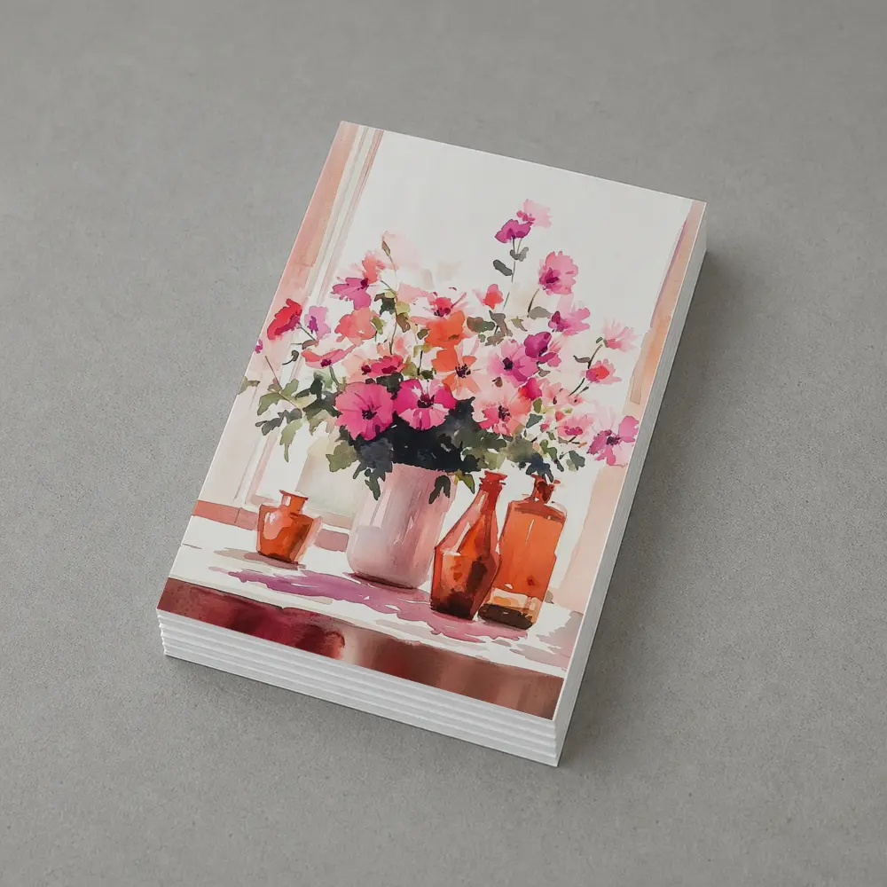 Pink Flowers Watercolor Still Life Window Light – Postcards