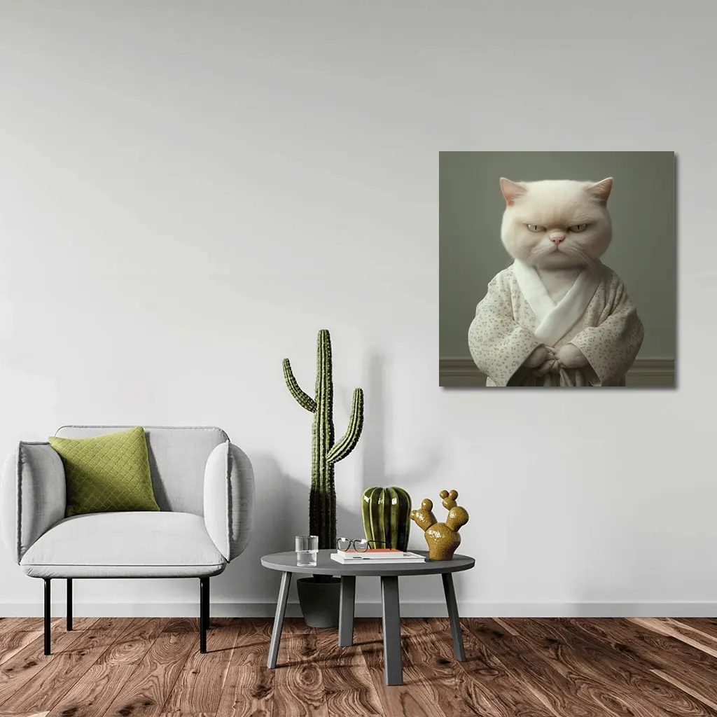 Grumpy White Cat Wearing Floral Robe – Wall Art