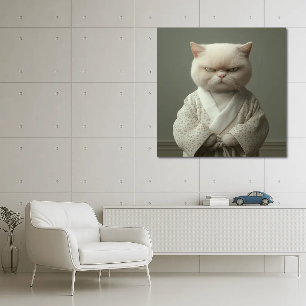 Grumpy White Cat Wearing Floral Robe – Wall Art