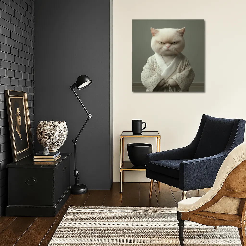 Grumpy White Cat Wearing Floral Robe – Wall Art