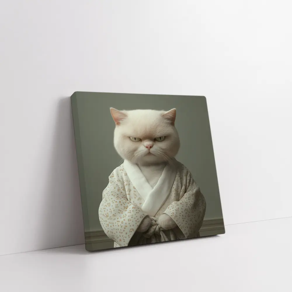 Grumpy White Cat Wearing Floral Robe – Wall Art