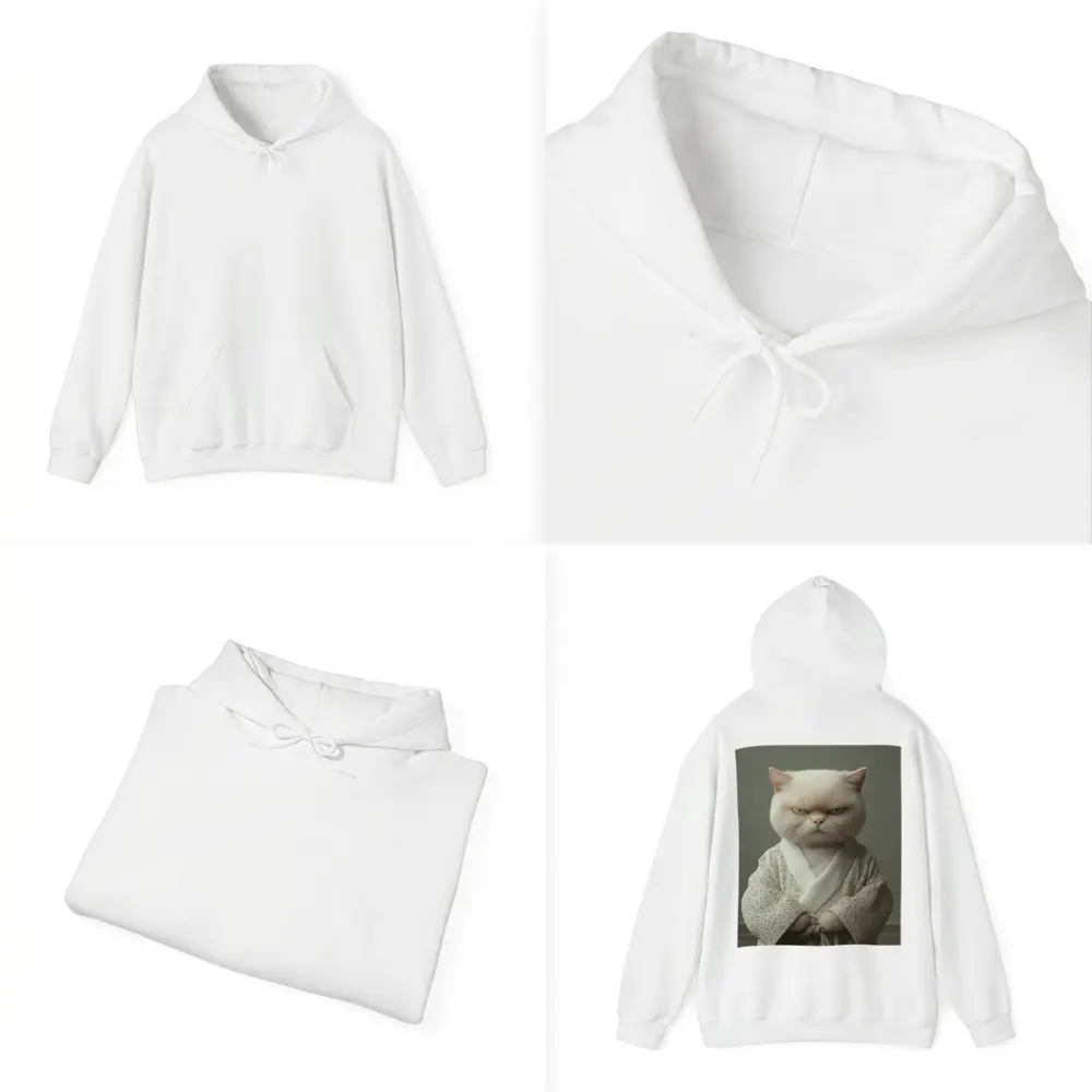 Grumpy White Cat Wearing Floral Robe – Hoodies