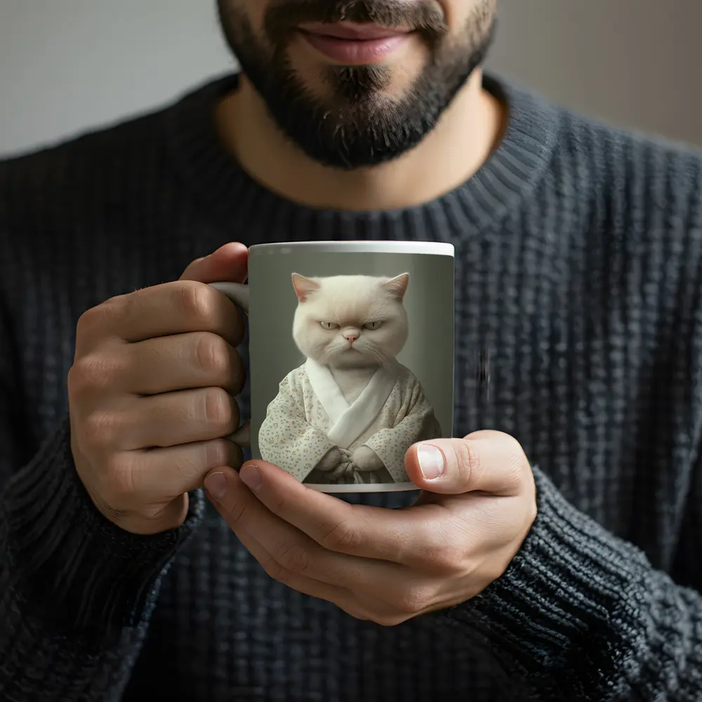 Grumpy White Cat Wearing Floral Robe – Mugs