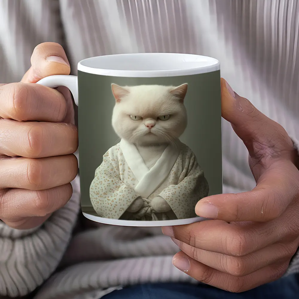 Grumpy White Cat Wearing Floral Robe – Mugs