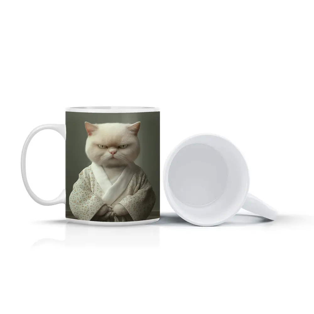 Grumpy White Cat Wearing Floral Robe – Mugs
