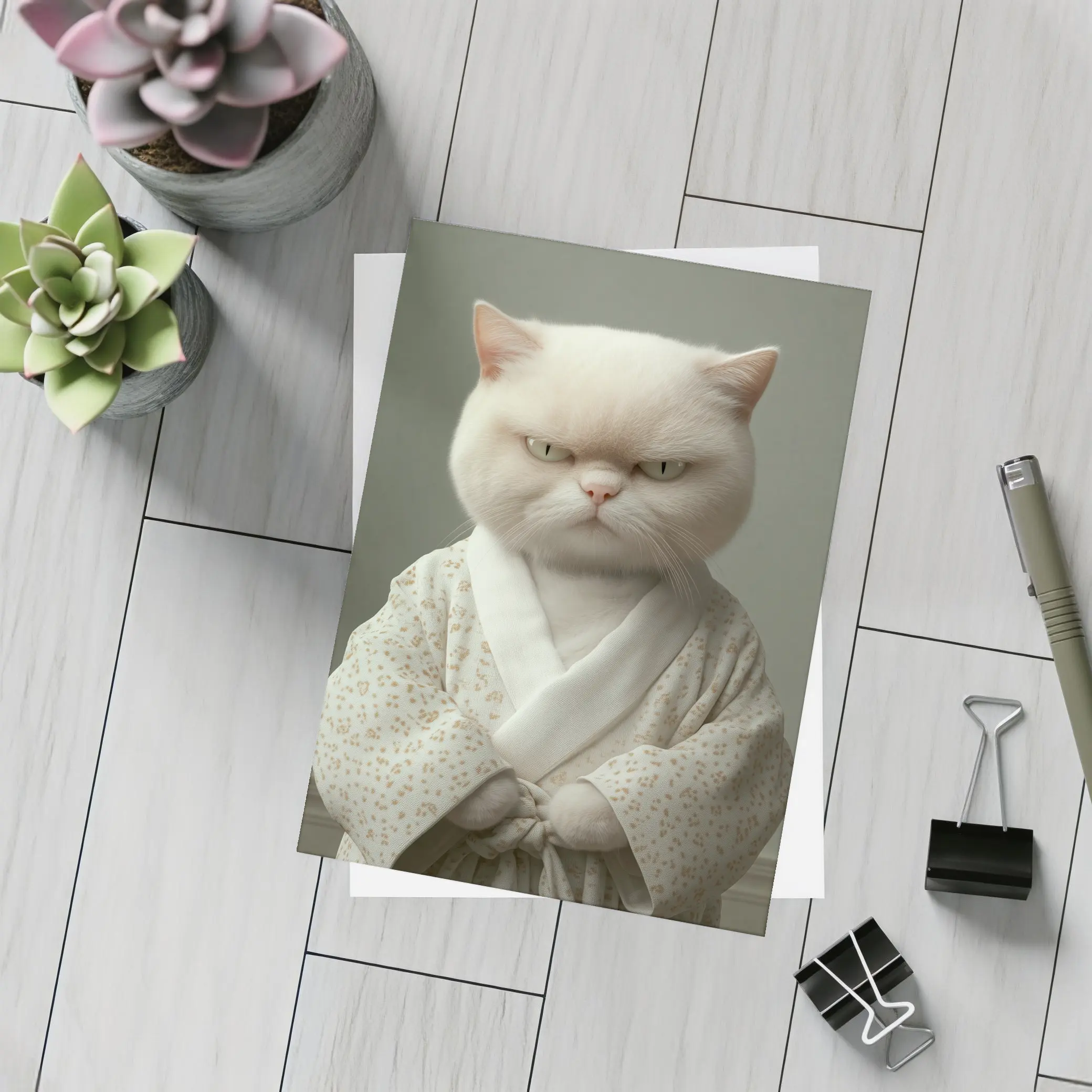 Grumpy White Cat Wearing Floral Robe – Postcards
