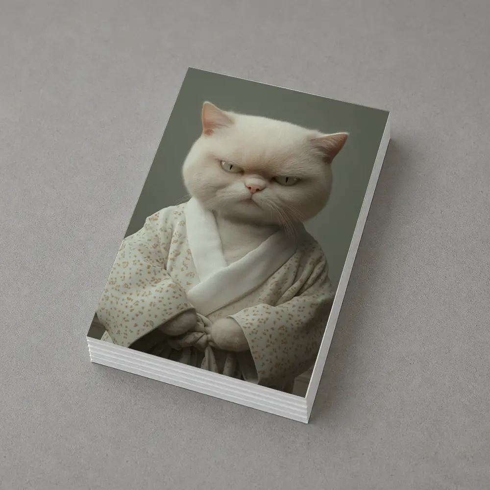 Grumpy White Cat Wearing Floral Robe – Postcards