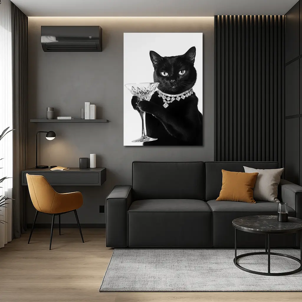 Black Cat Diamond Necklace Martini Glass Portrait – Wall Art