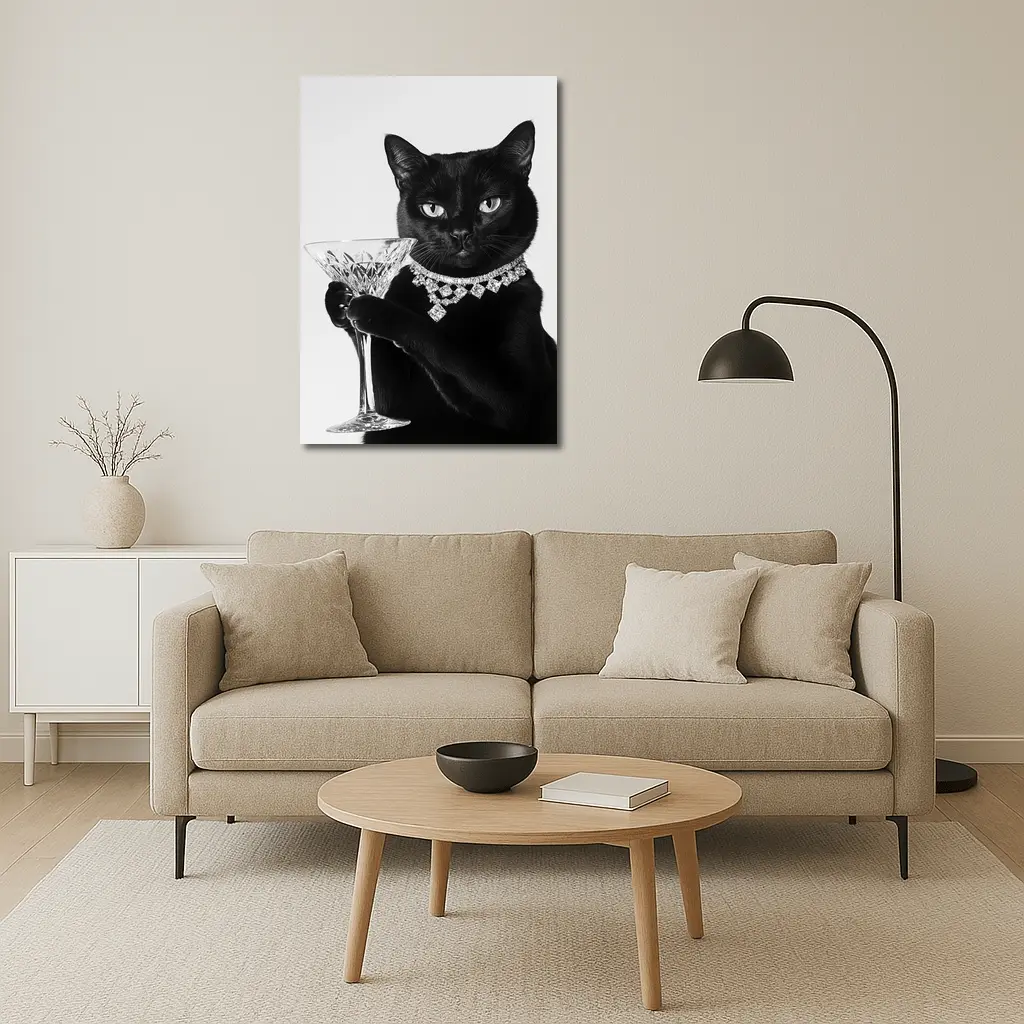 Black Cat Diamond Necklace Martini Glass Portrait – Wall Art