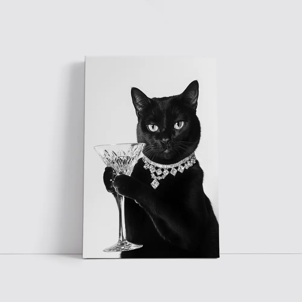 Black Cat Diamond Necklace Martini Glass Portrait – Wall Art