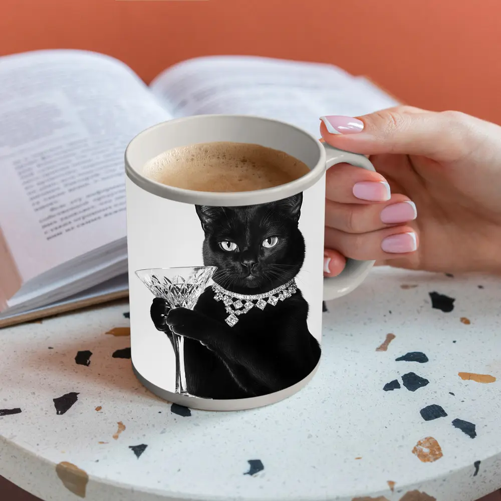 Black Cat Diamond Necklace Martini Glass Portrait – Mugs