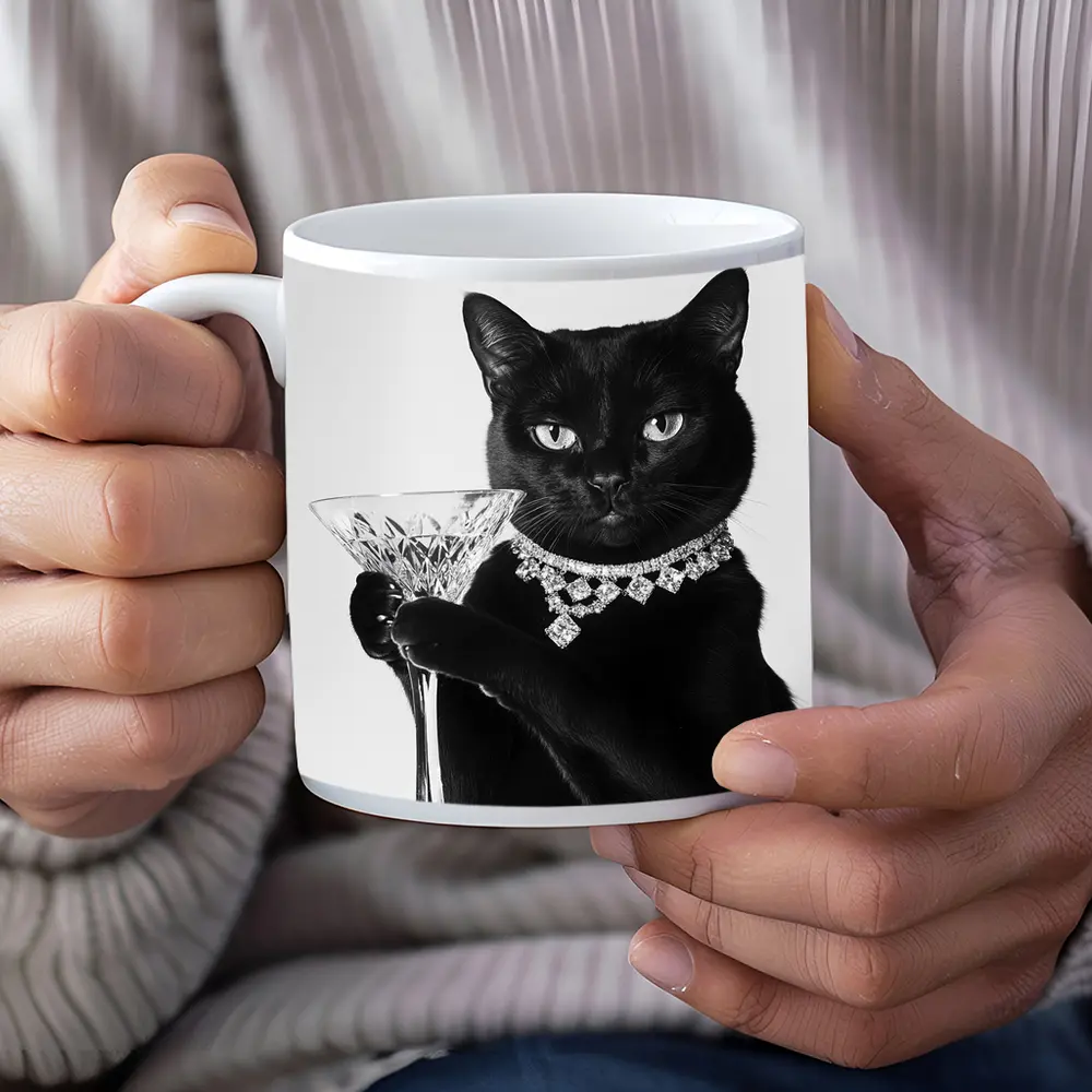 Black Cat Diamond Necklace Martini Glass Portrait – Mugs