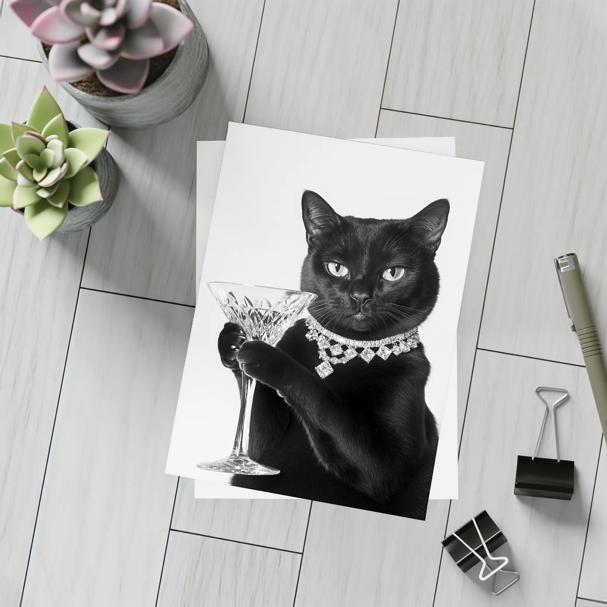 Black Cat Diamond Necklace Martini Glass Portrait – Postcards
