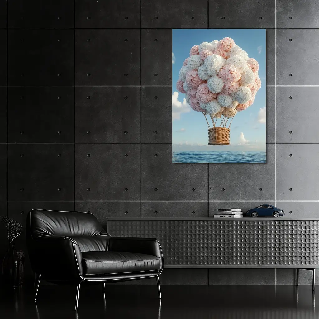 Hydrangea Hot Air Balloon Over Ocean – Wall Art
