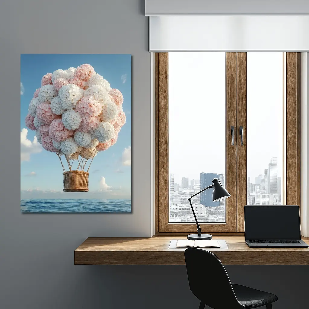 Hydrangea Hot Air Balloon Over Ocean – Wall Art