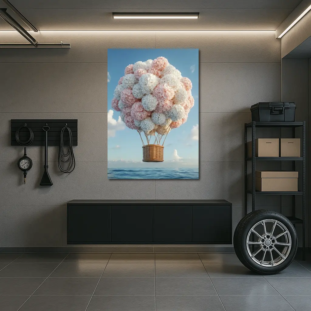 Hydrangea Hot Air Balloon Over Ocean – Wall Art