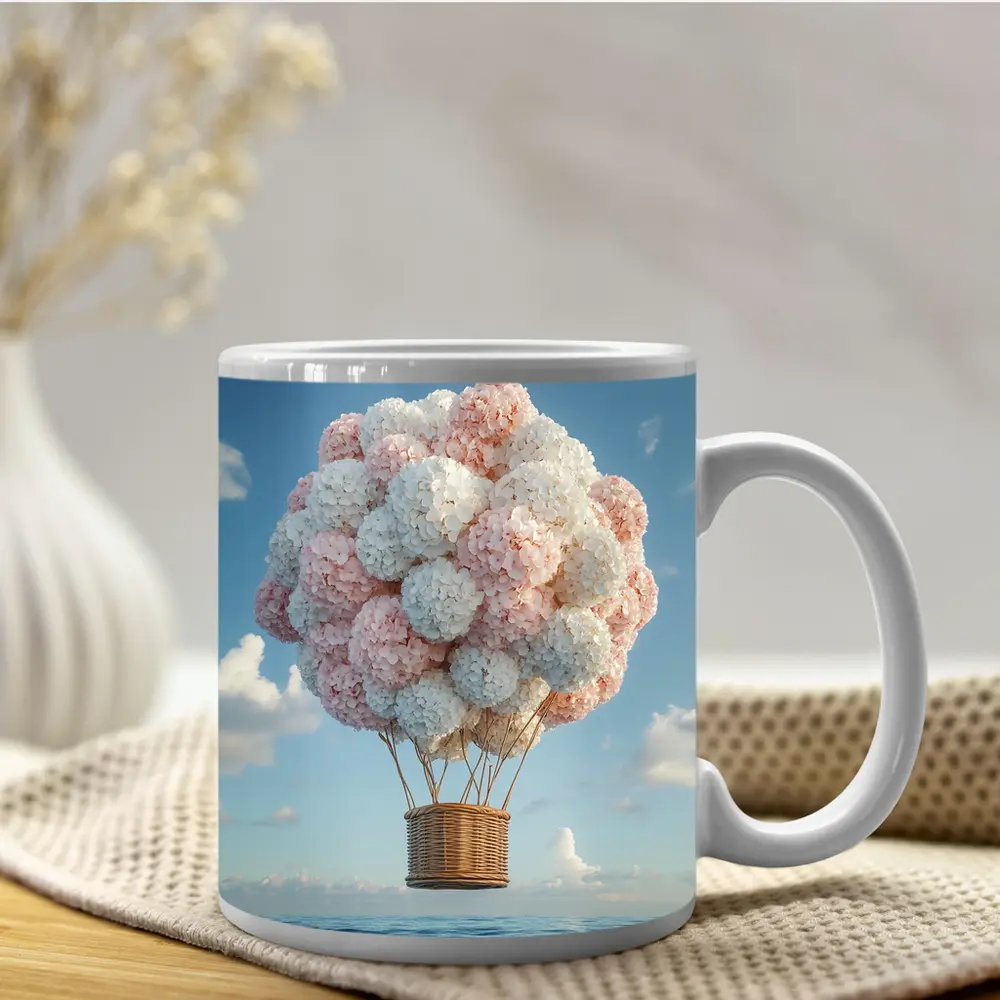 Hydrangea Hot Air Balloon Over Ocean – Mugs