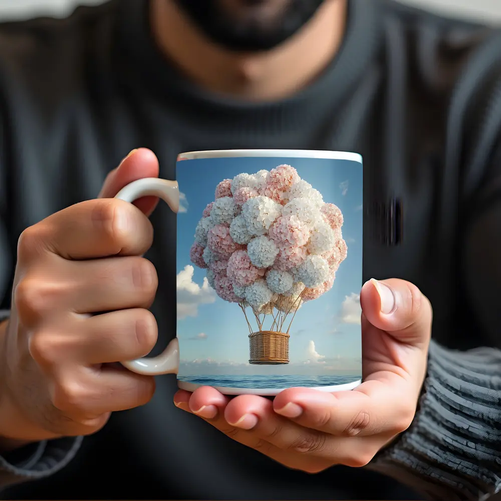 Hydrangea Hot Air Balloon Over Ocean – Mugs