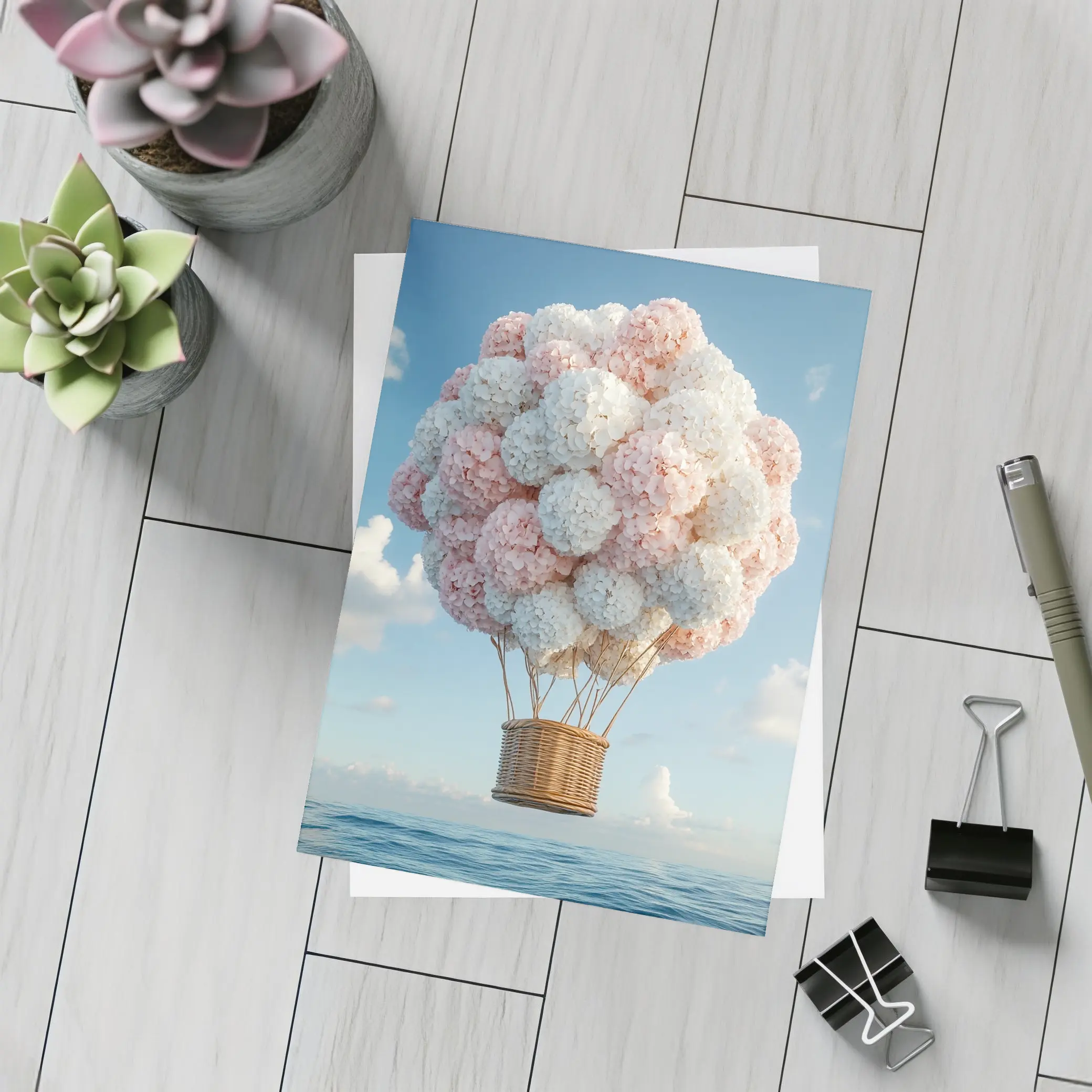 Hydrangea Hot Air Balloon Over Ocean – Postcards