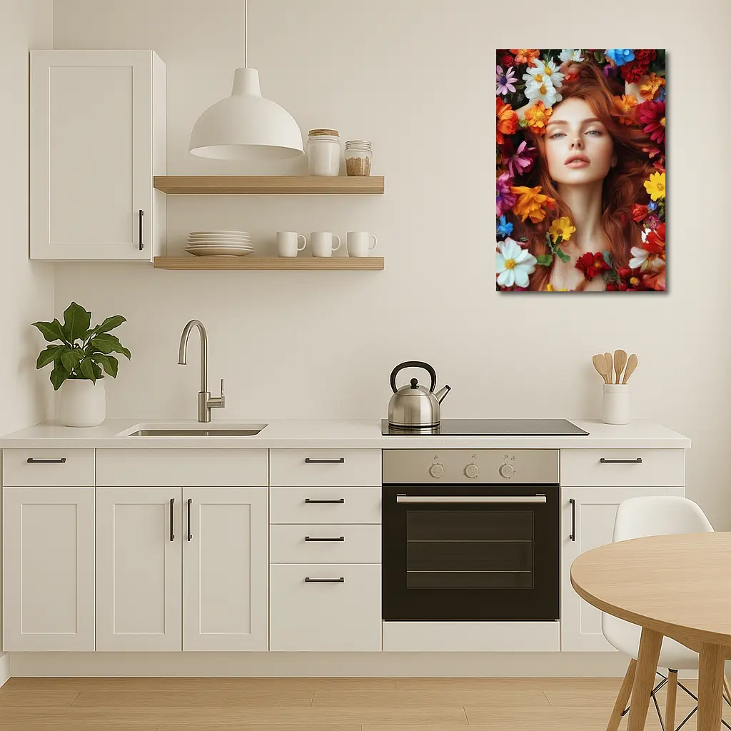 Red Haired Woman Surrounded by Colorful Flowers – Wall Art