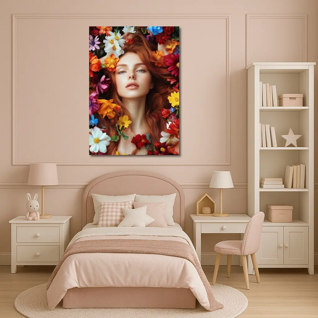 Red Haired Woman Surrounded by Colorful Flowers – Wall Art