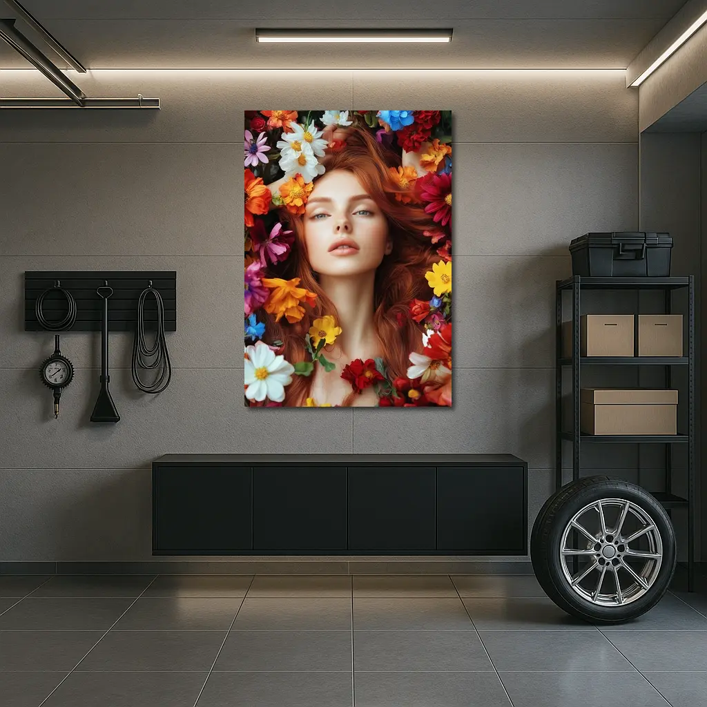 Red Haired Woman Surrounded by Colorful Flowers – Wall Art