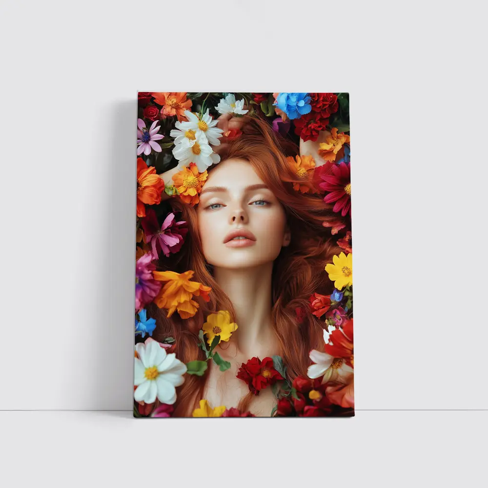 Red Haired Woman Surrounded by Colorful Flowers – Wall Art