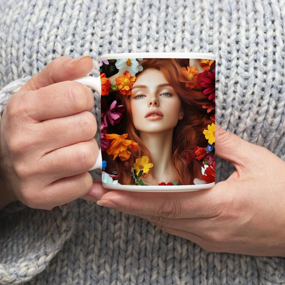 Red Haired Woman Surrounded by Colorful Flowers – Mugs