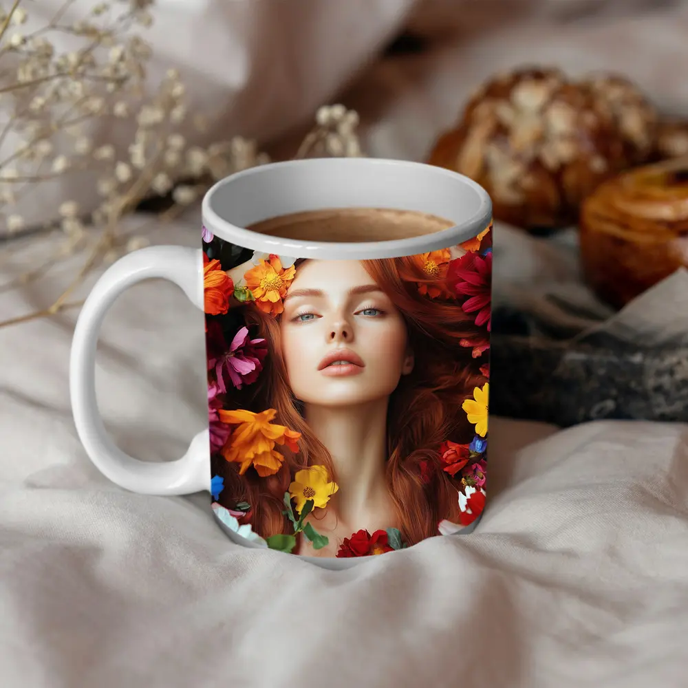 Red Haired Woman Surrounded by Colorful Flowers – Mugs