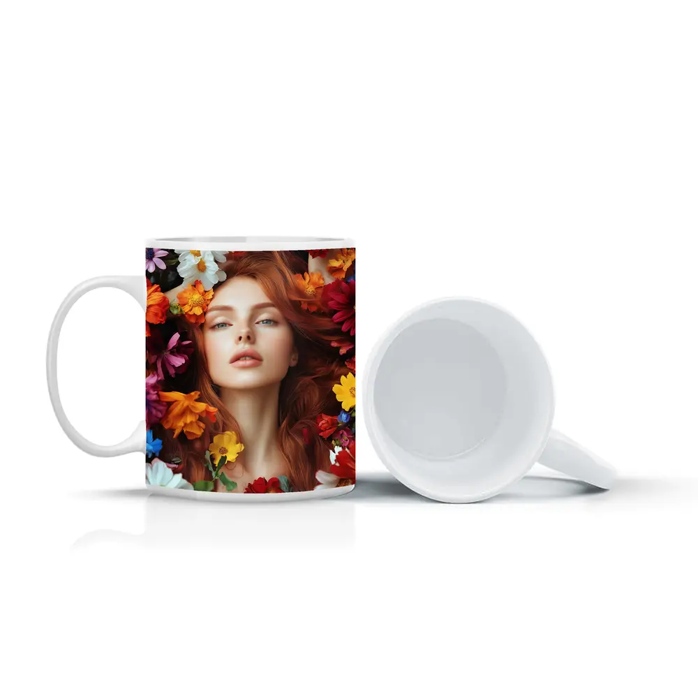 Red Haired Woman Surrounded by Colorful Flowers – Mugs