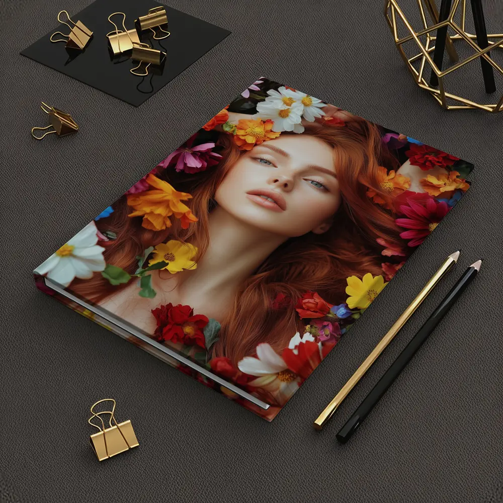 Red Haired Woman Surrounded by Colorful Flowers – Notebooks
