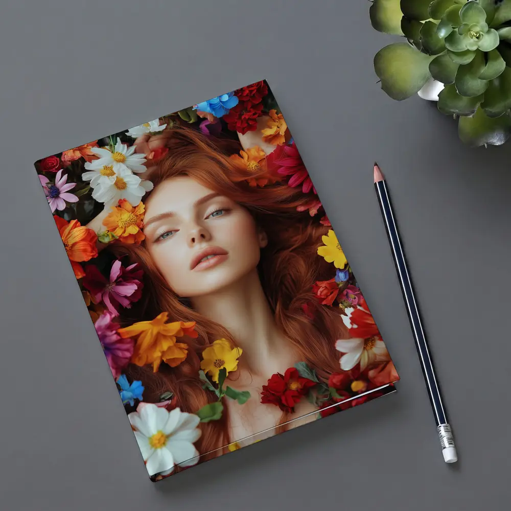 Red Haired Woman Surrounded by Colorful Flowers – Notebooks
