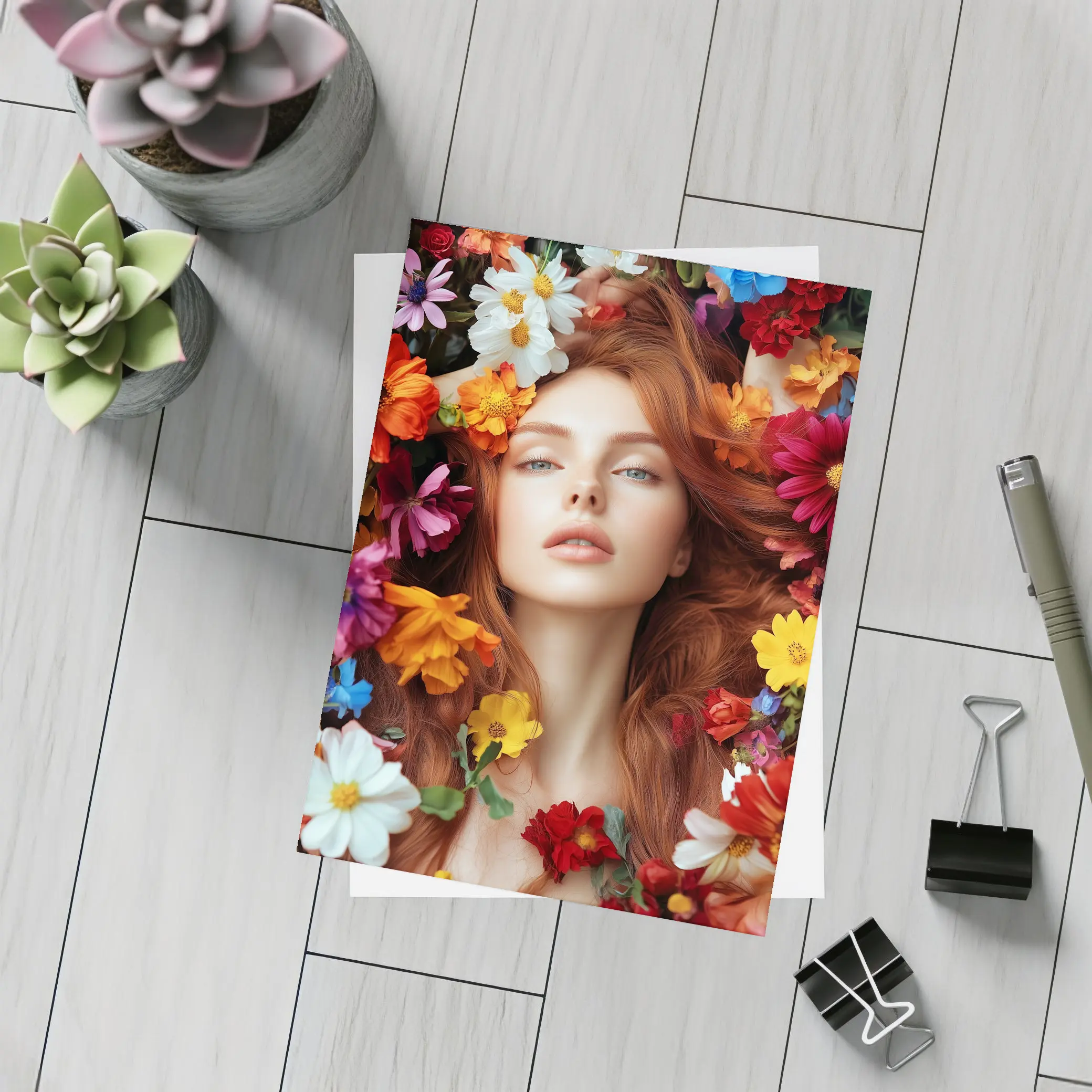 Red Haired Woman Surrounded by Colorful Flowers – Postcards