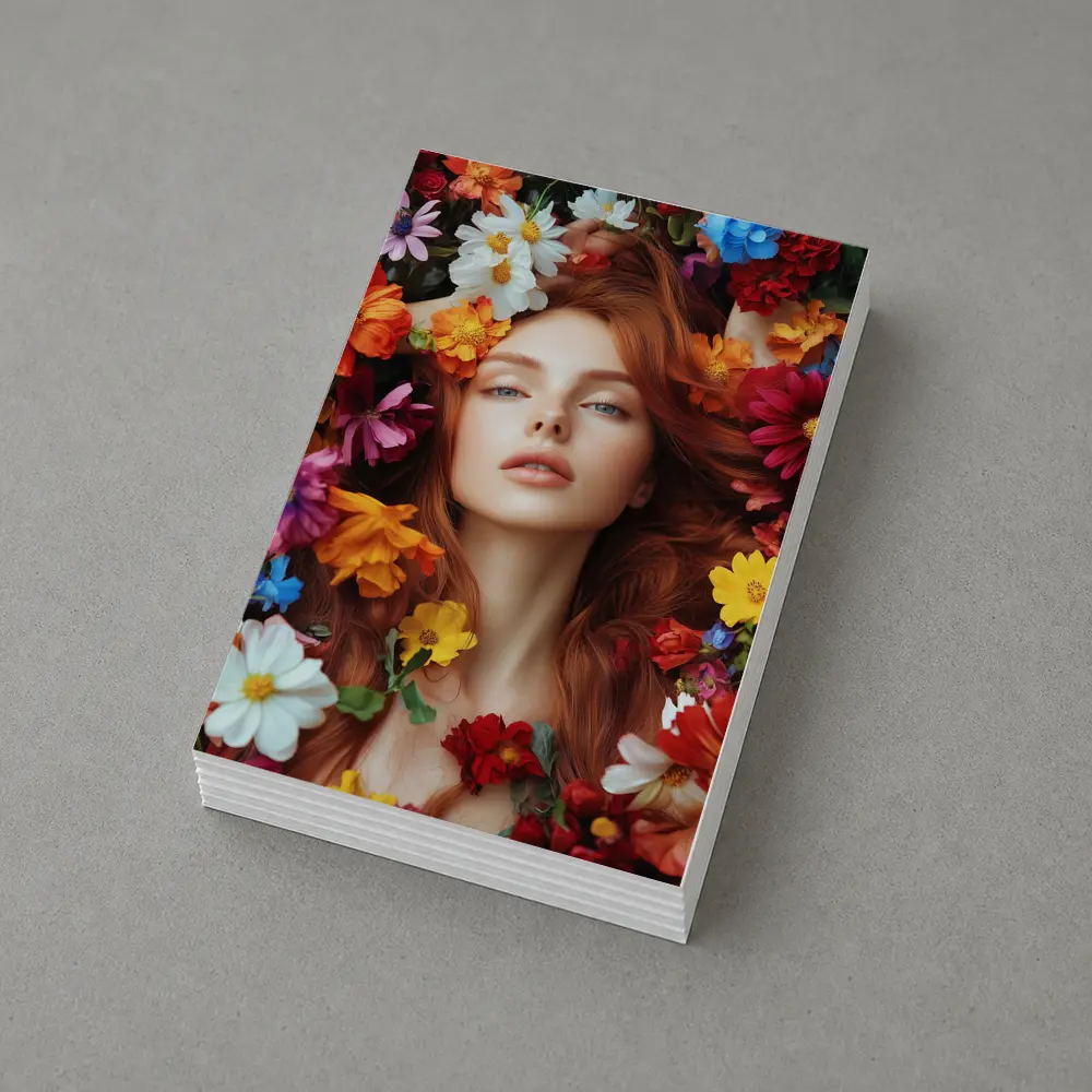 Red Haired Woman Surrounded by Colorful Flowers – Postcards