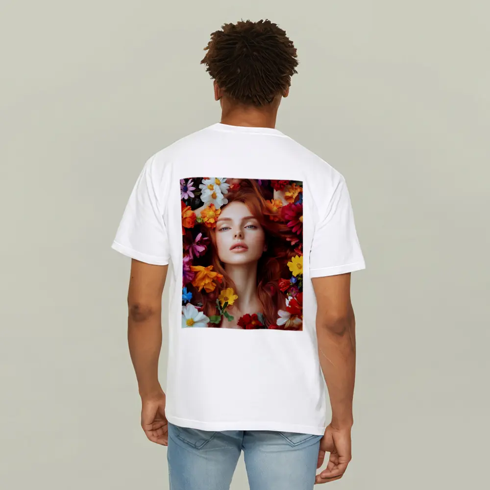 Red Haired Woman Surrounded by Colorful Flowers – T-Shirts