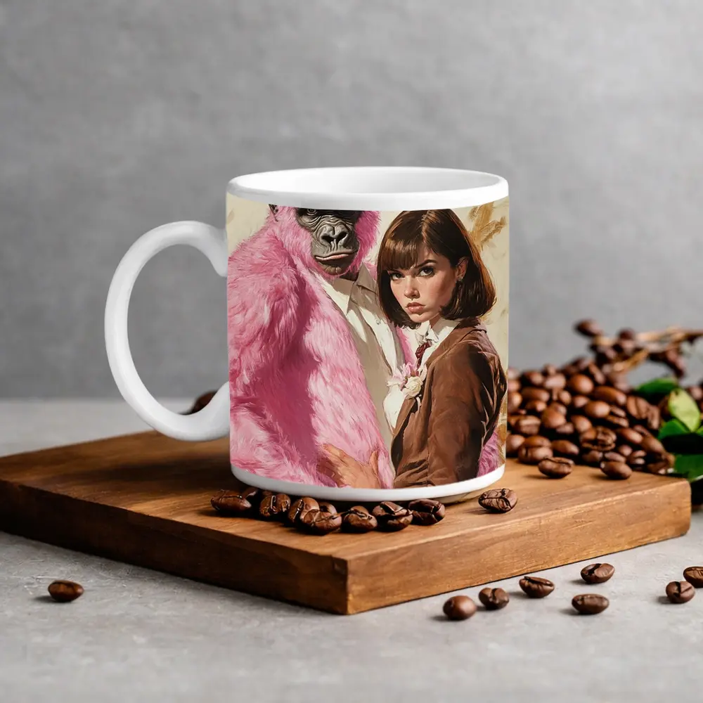 Pink Gorilla Bunny Woman Brown Suit Pop – Mugs