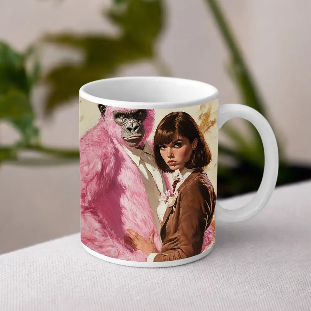 Pink Gorilla Bunny Woman Brown Suit Pop – Mugs