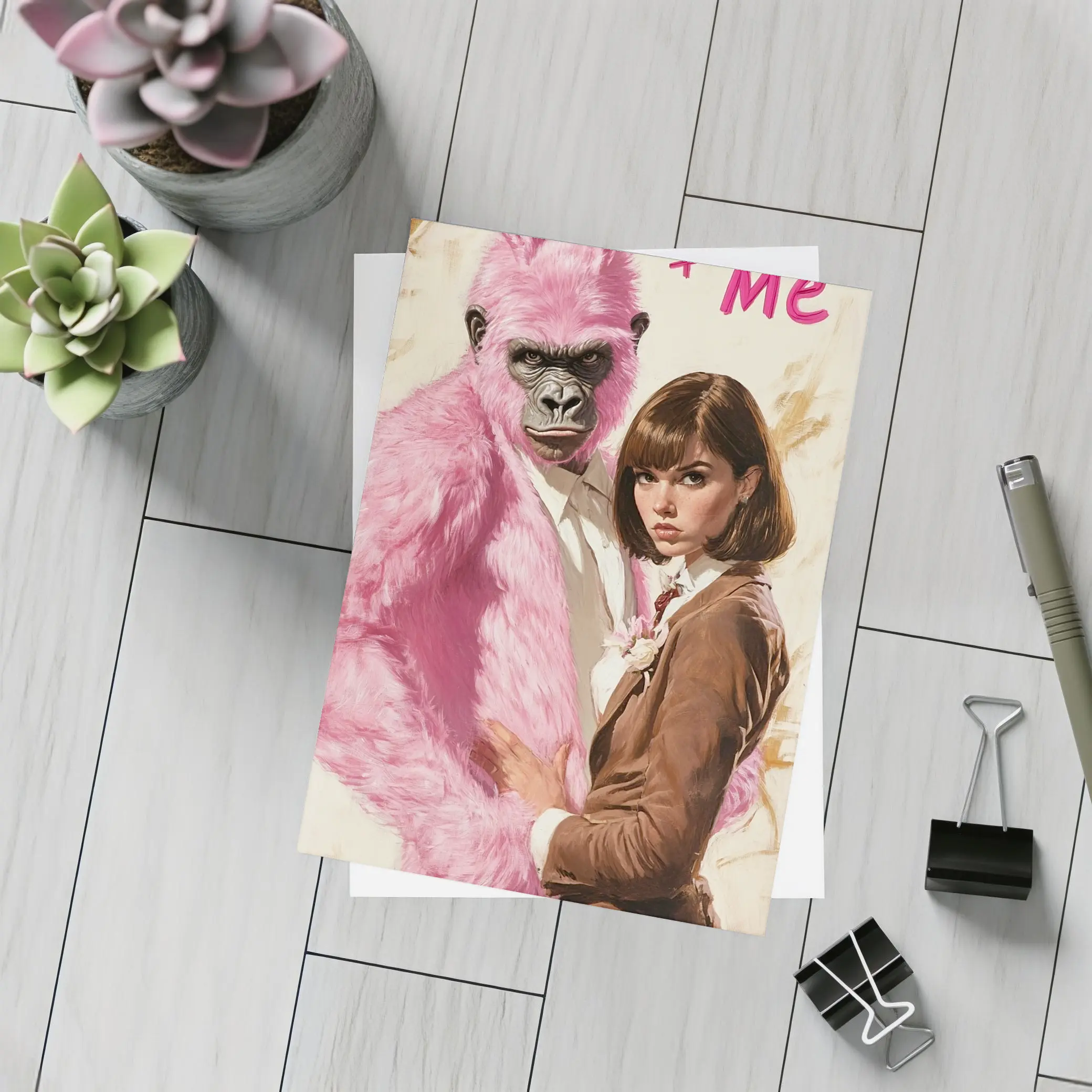Pink Gorilla Bunny Woman Brown Suit Pop – Postcards