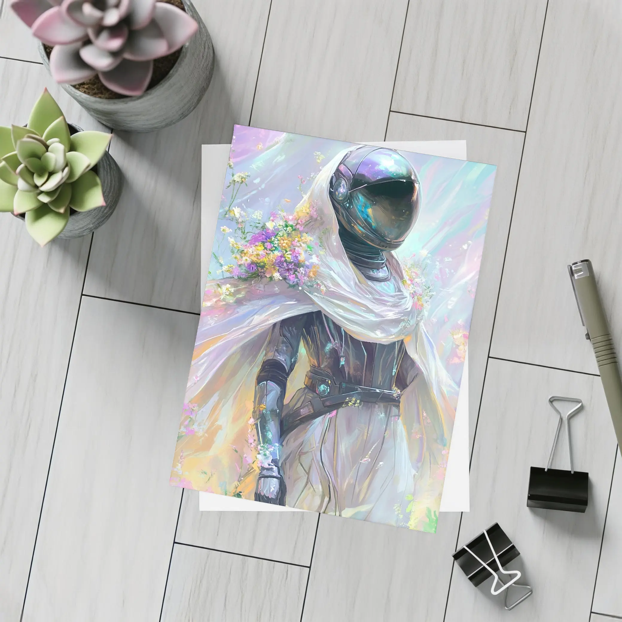 Armored Figure White Veil Floral Fantasy – Postcards