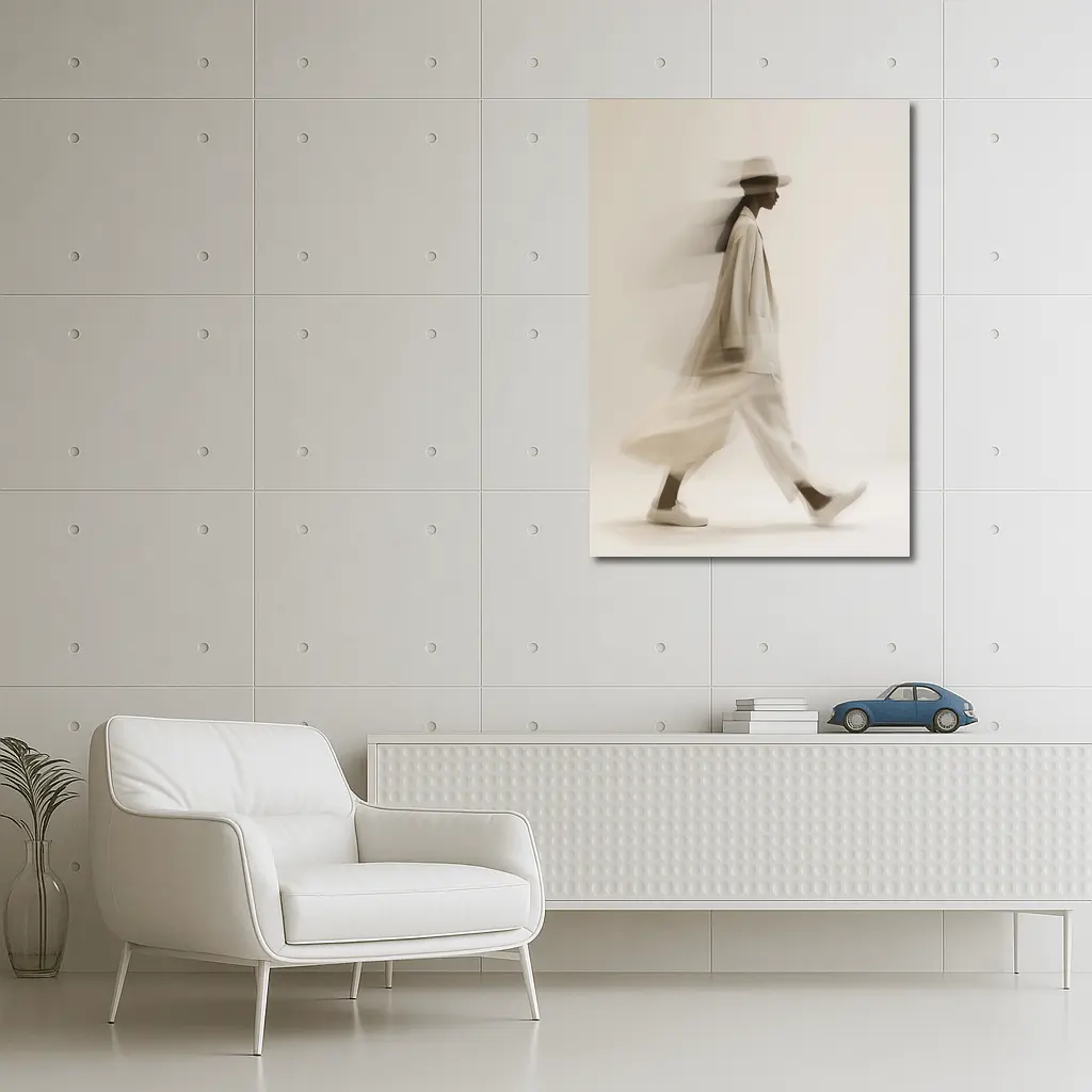 Woman Walking Motion Blur Minimalist Beige – Wall Art