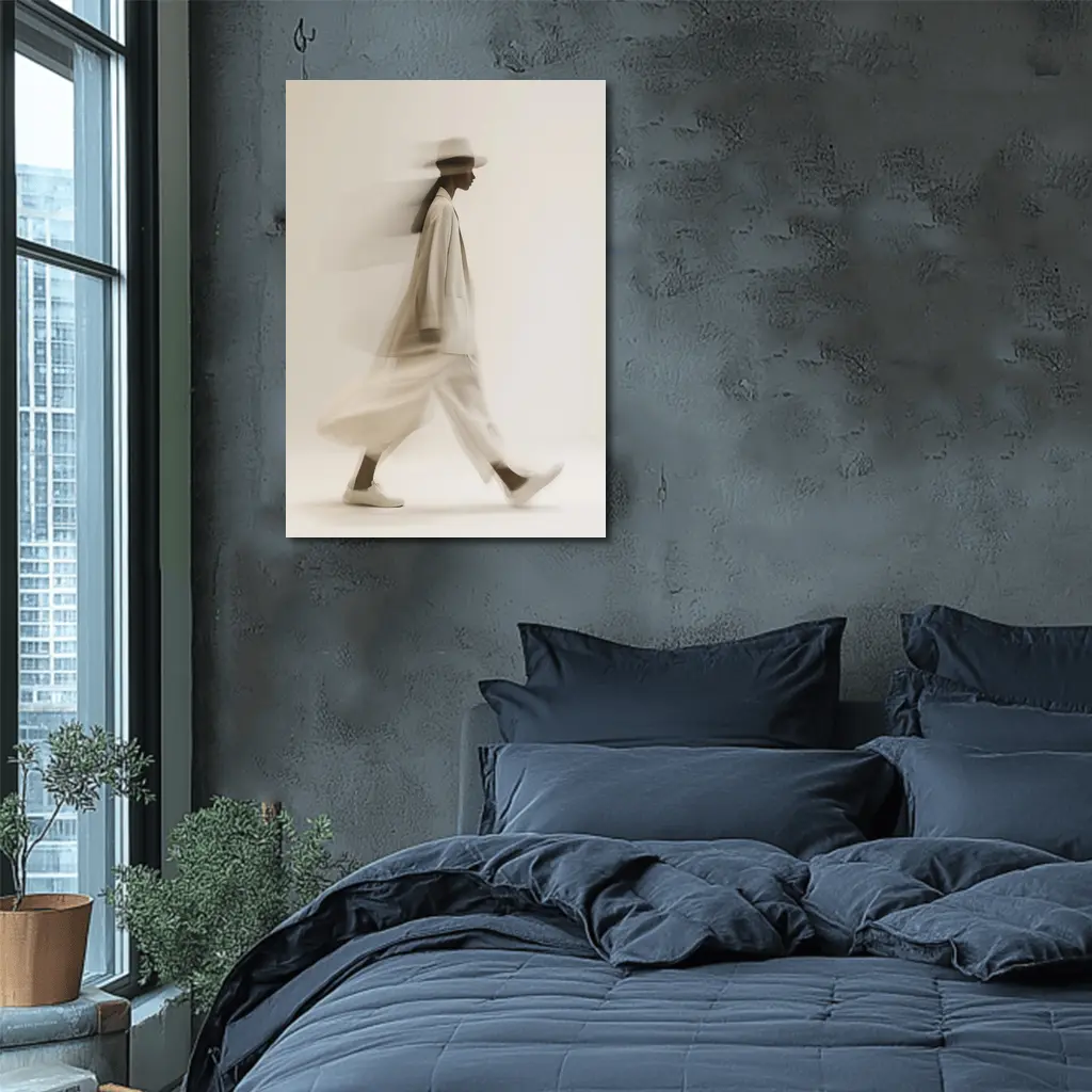 Woman Walking Motion Blur Minimalist Beige – Wall Art