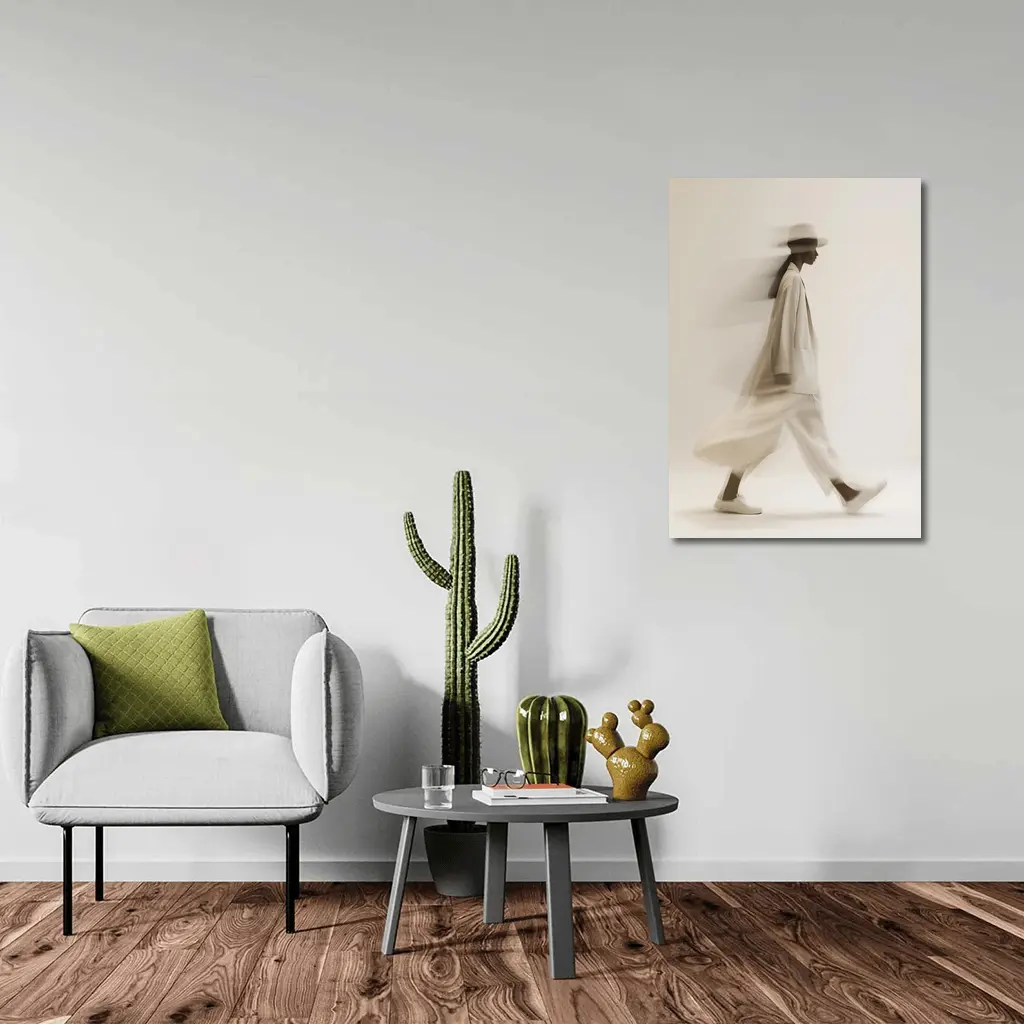 Woman Walking Motion Blur Minimalist Beige – Wall Art