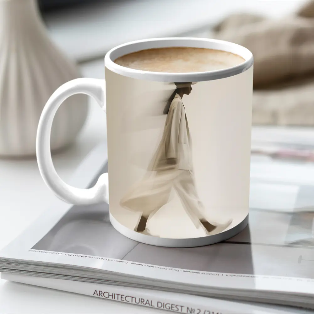 Woman Walking Motion Blur Minimalist Beige – Mugs
