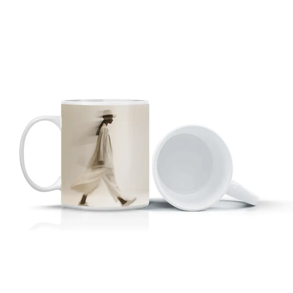 Woman Walking Motion Blur Minimalist Beige – Mugs
