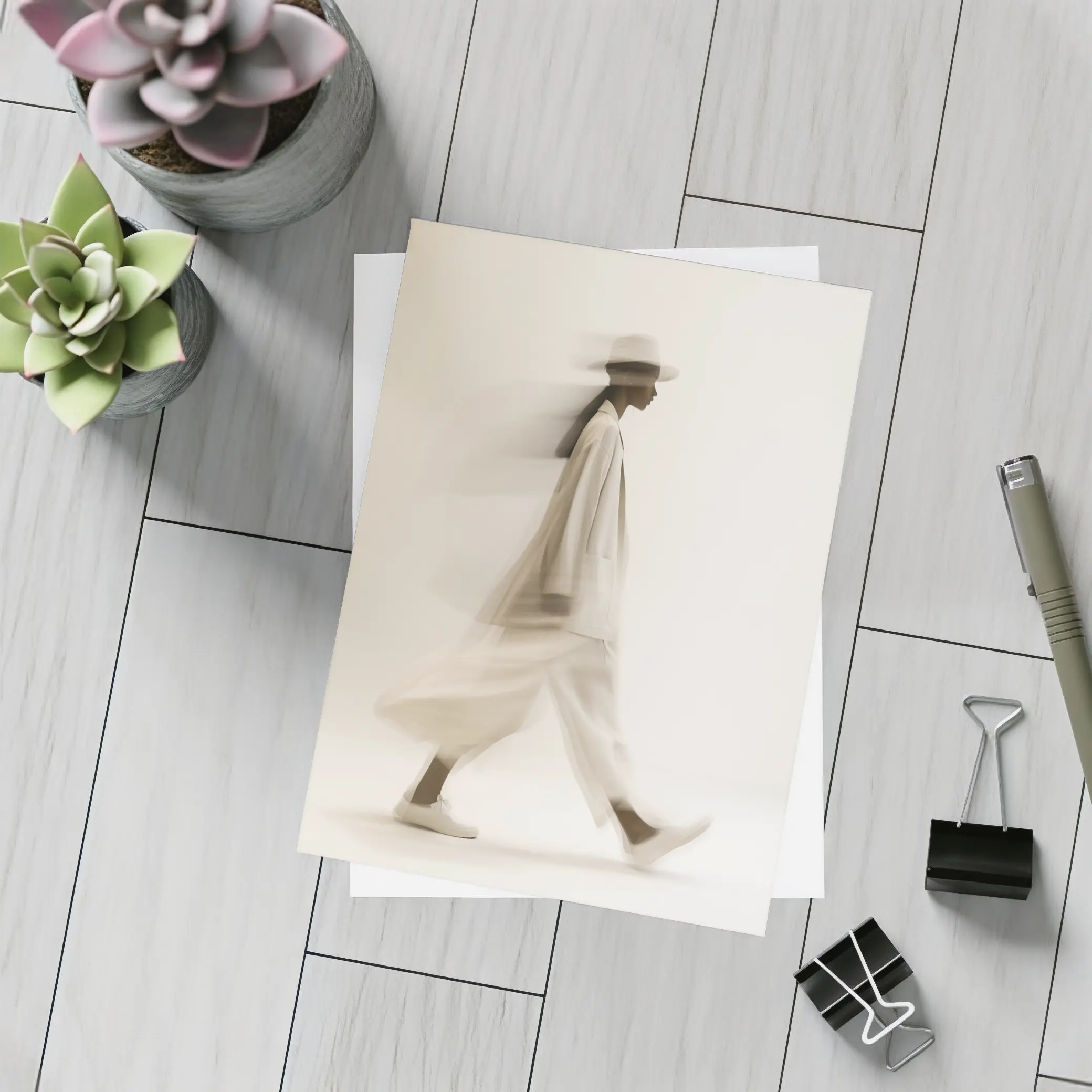 Woman Walking Motion Blur Minimalist Beige – Postcards