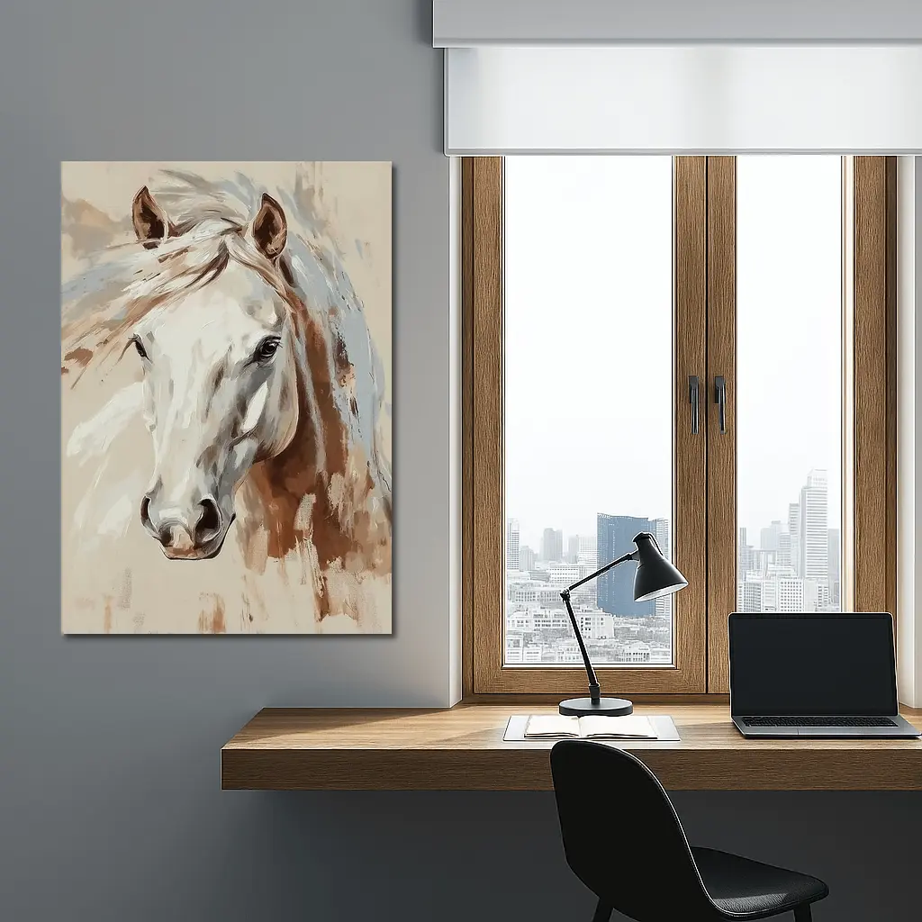 White Horse Portrait Beige Painterly Background – Wall Art
