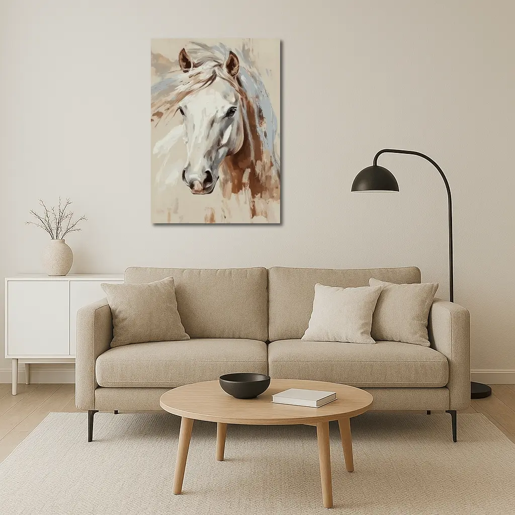 White Horse Portrait Beige Painterly Background – Wall Art