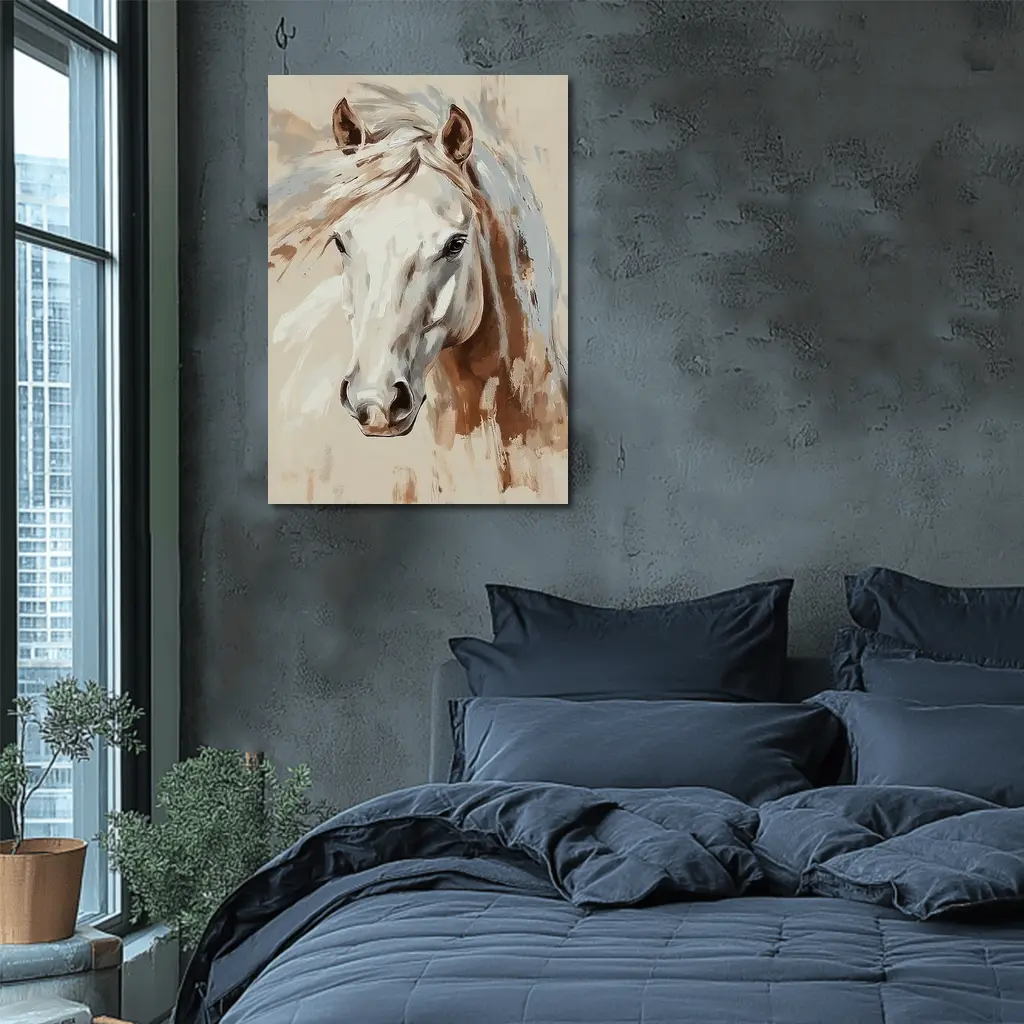 White Horse Portrait Beige Painterly Background – Wall Art