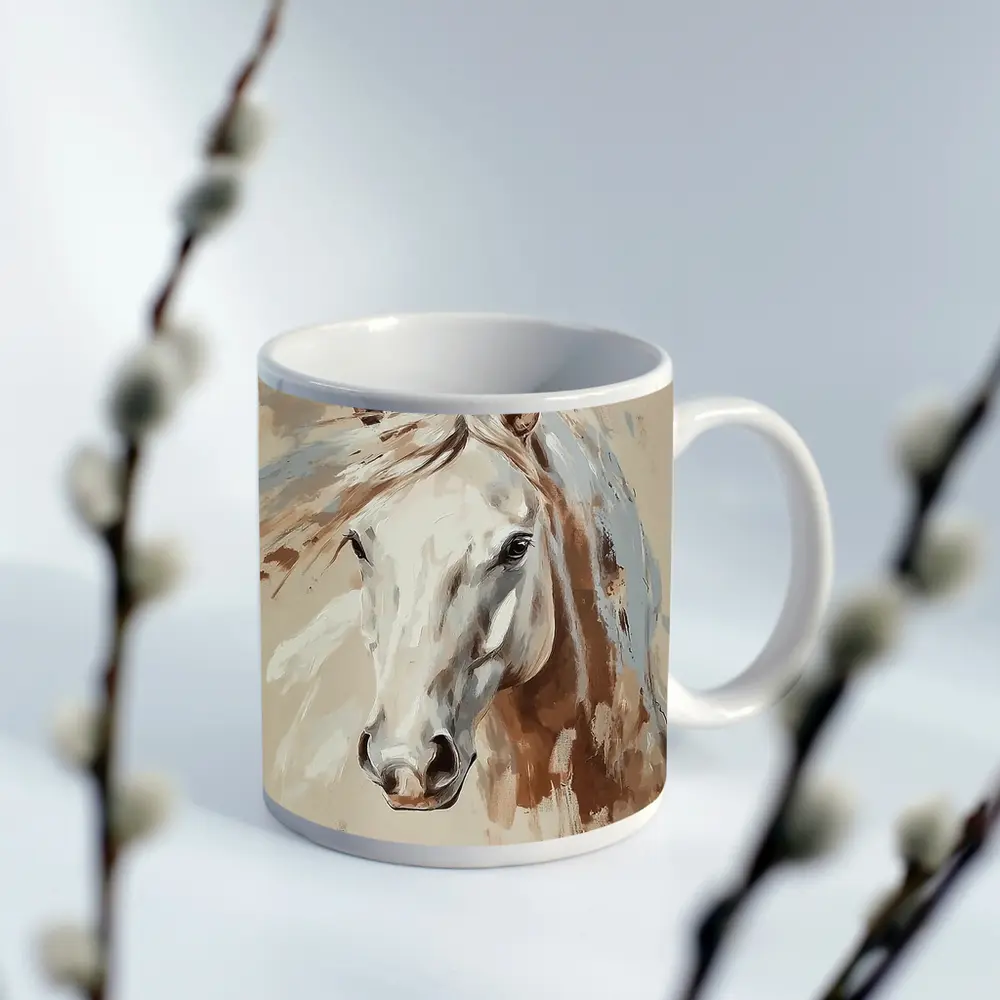White Horse Portrait Beige Painterly Background – Mugs