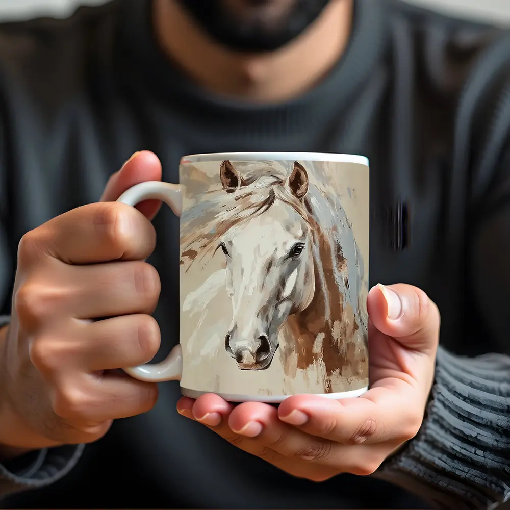 White Horse Portrait Beige Painterly Background – Mugs